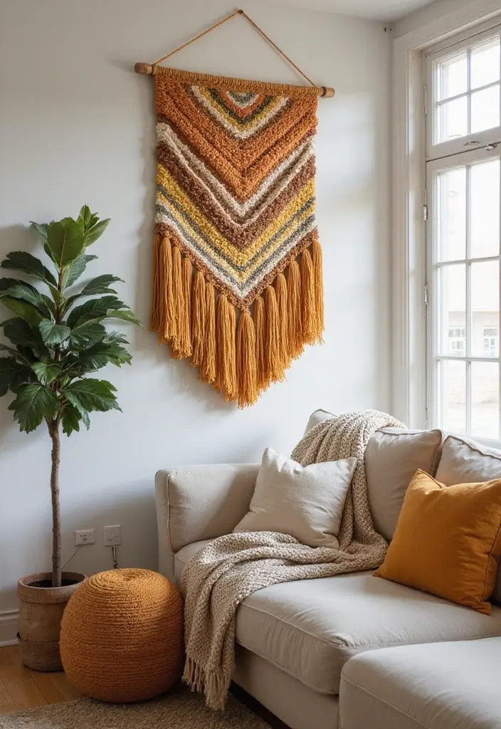 30 DIY Living Room Decor Ideas on a Budget - 17. DIY Woven Wall Hanging 1