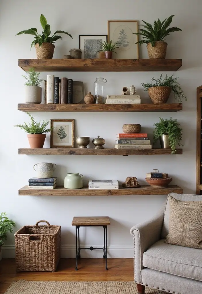 30 DIY Living Room Decor Ideas on a Budget - 2. Reclaimed Wood Shelves 1