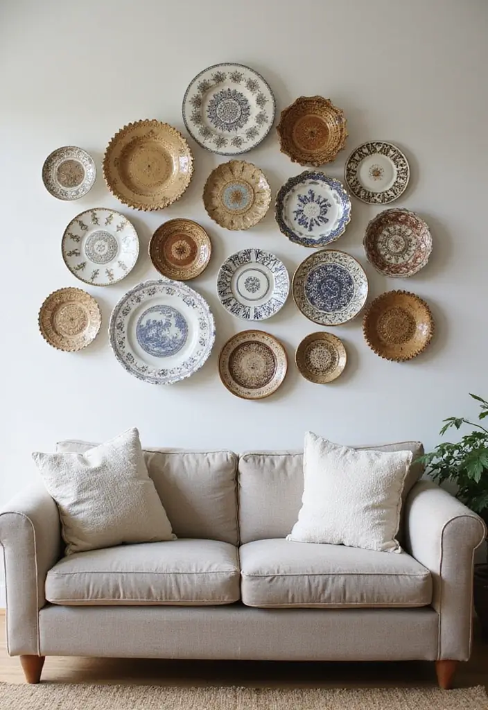 30 DIY Living Room Decor Ideas on a Budget - 25. Vintage Plate Wall Decor 1