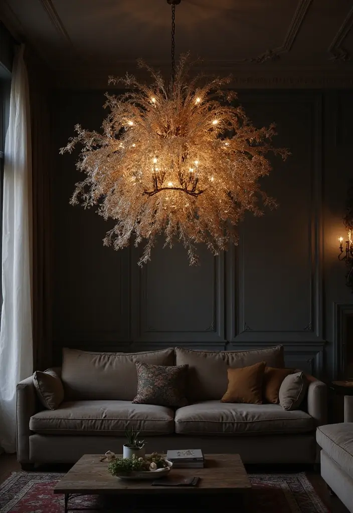 30 Dark Living Room Decor Ideas for a Moody Look - 10. Statement Lighting Fixtures 1