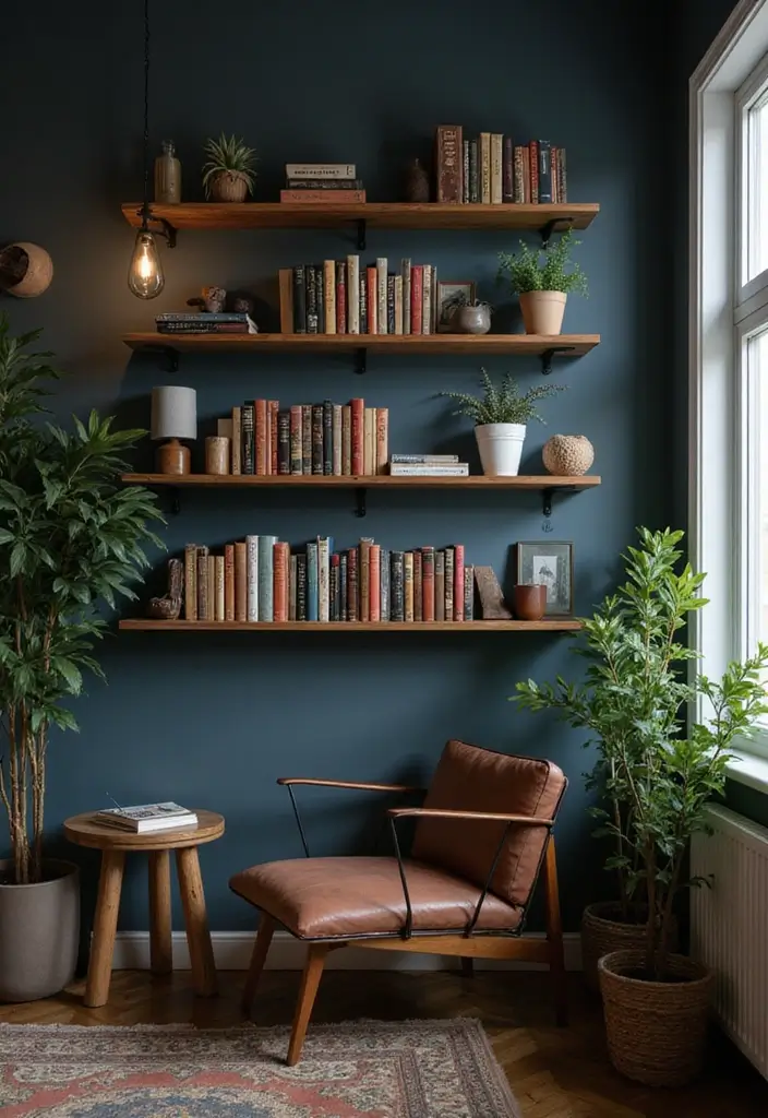 30 Dark Living Room Decor Ideas for a Moody Look - 13. Wall-mounted Shelves 1