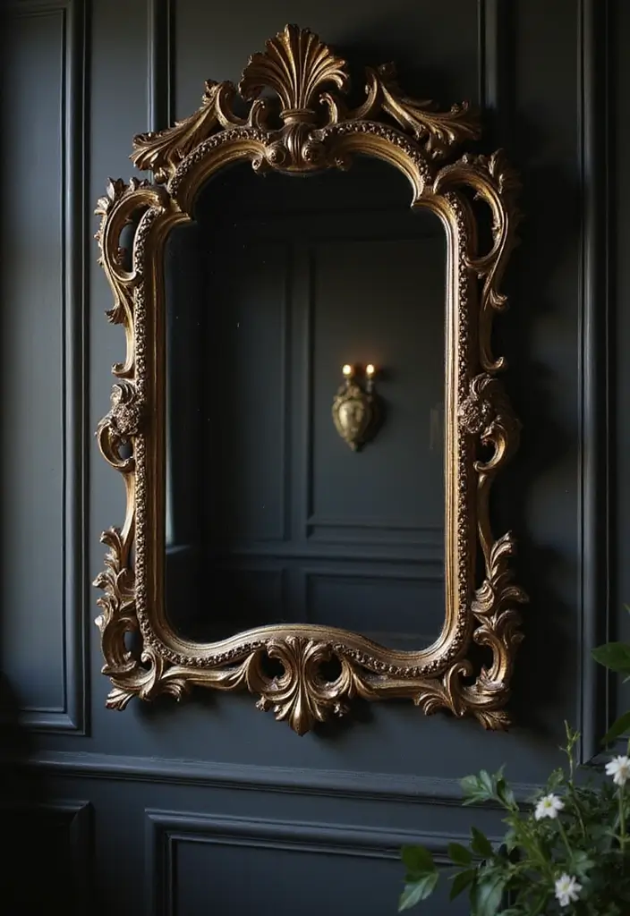 30 Dark Living Room Decor Ideas for a Moody Look - 17. Elaborate Mirrors 1