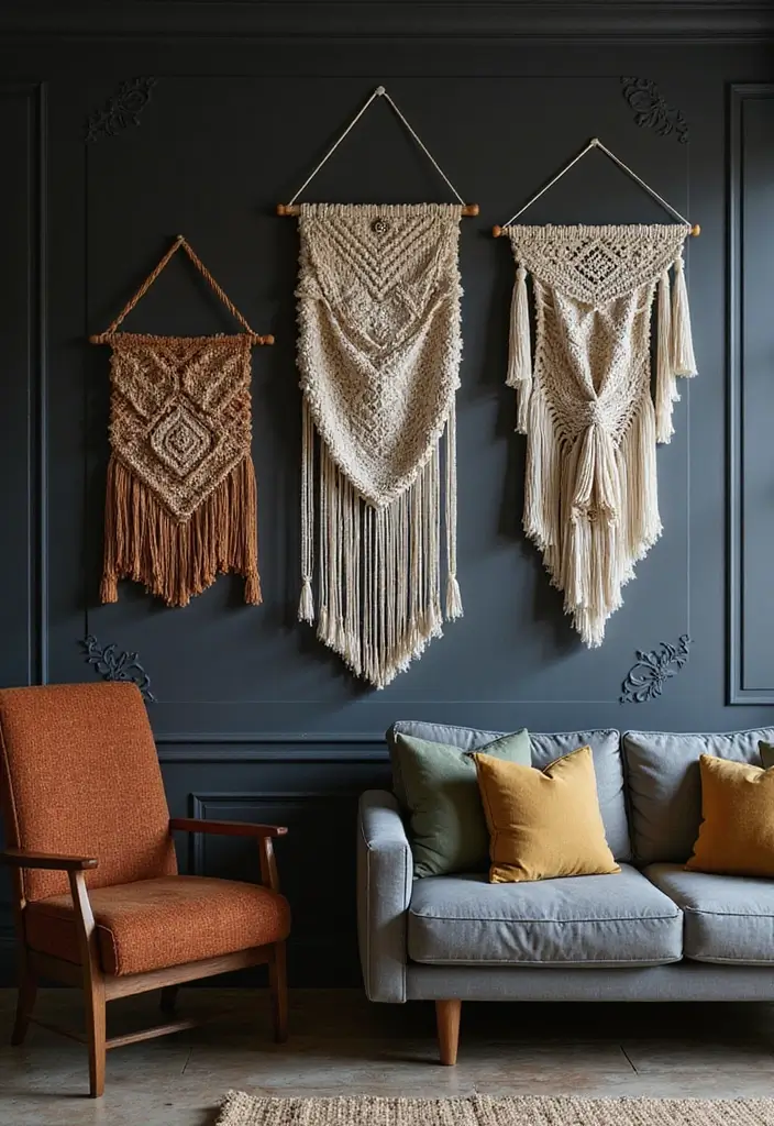 30 Dark Living Room Decor Ideas for a Moody Look - 18. Textured Wall Hangings 1
