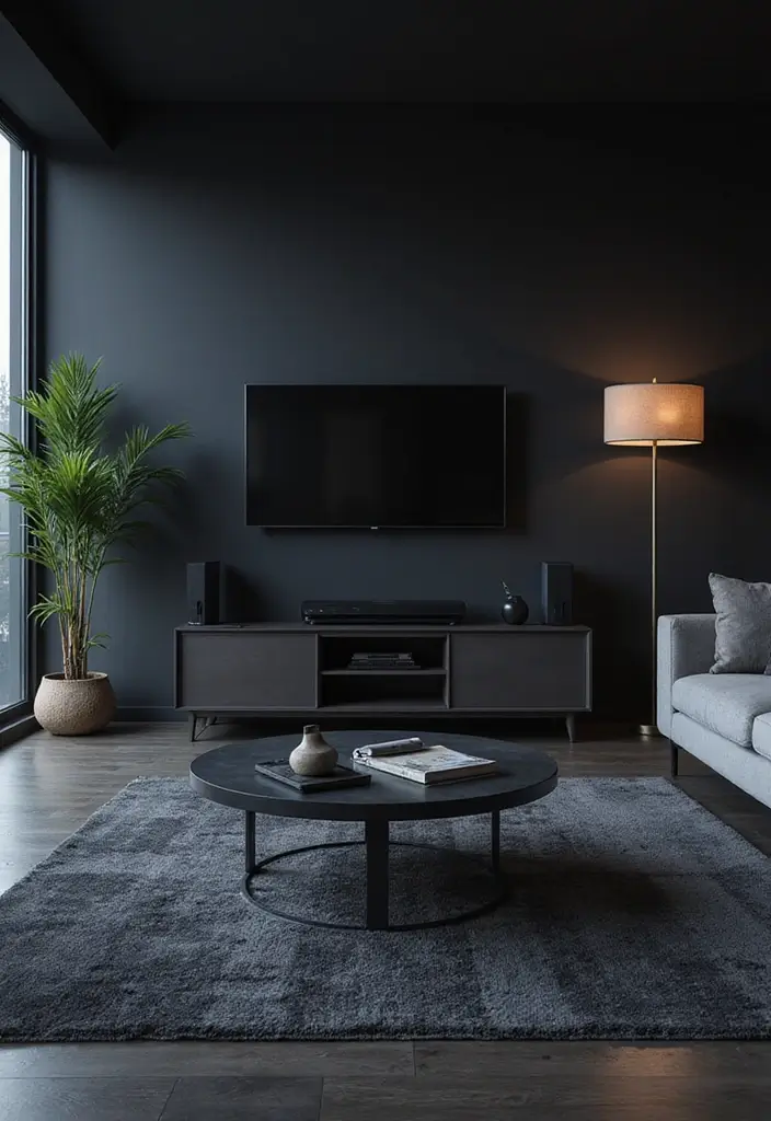 30 Dark Living Room Decor Ideas for a Moody Look - 25. Hidden Technology Solutions 1