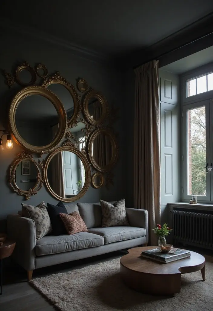 30 Dark Living Room Decor Ideas for a Moody Look - 27. Layered Mirrors 1