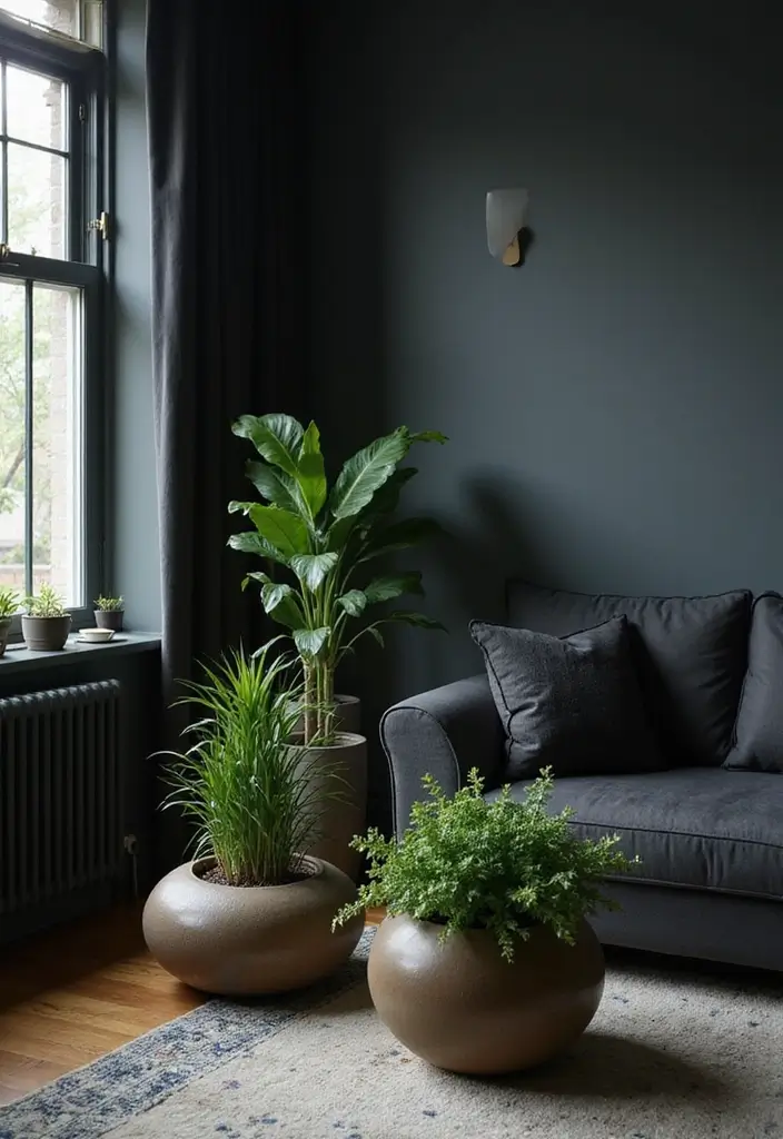 30 Dark Living Room Decor Ideas for a Moody Look - 28. Unique Planters 1
