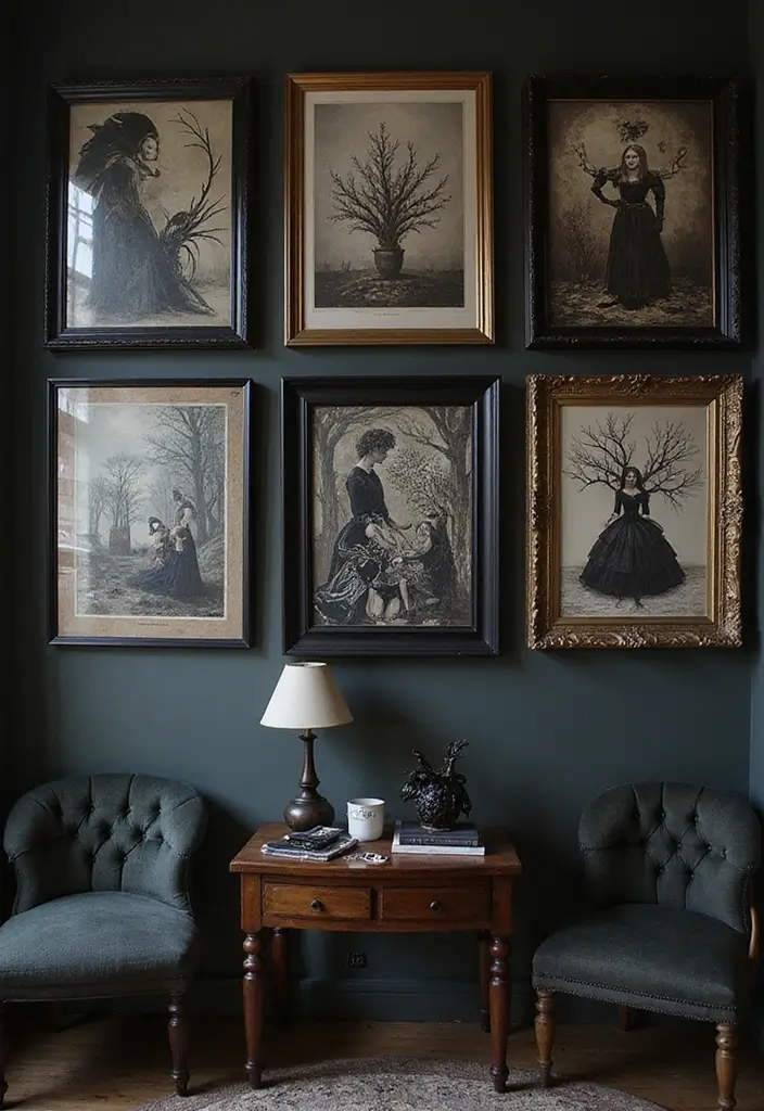 30 Dark Living Room Decor Ideas for a Moody Look - 3. Gothic-Inspired Artwork 1