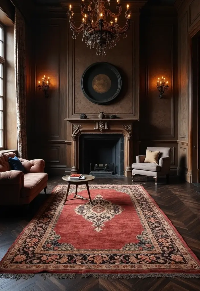 30 Dark Living Room Decor Ideas for a Moody Look - 5. Dark Floors and Rugs 1