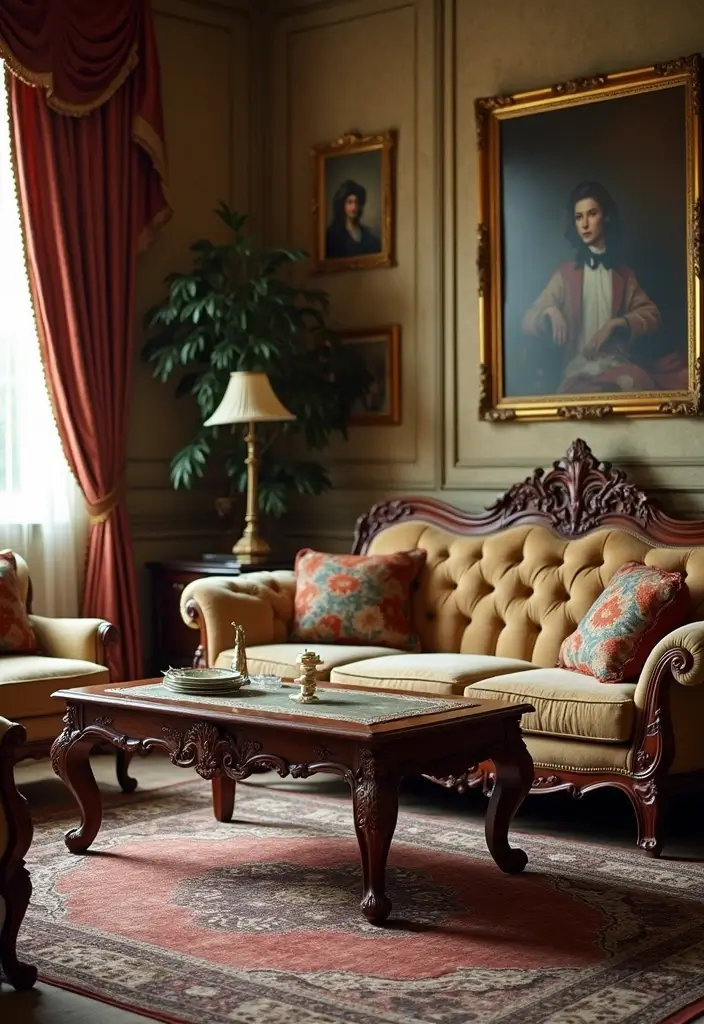 30 Dark Living Room Decor Ideas for a Moody Look - 6. Vintage Furniture Finds 1