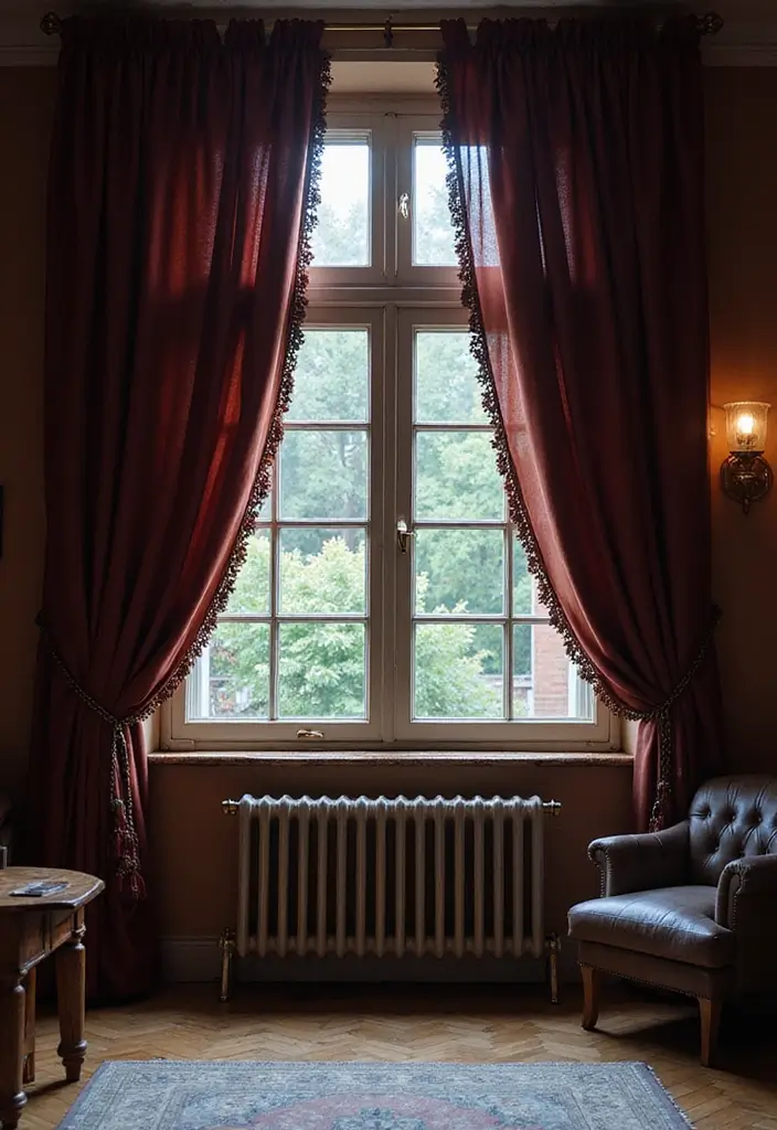 30 Dark Living Room Decor Ideas for a Moody Look - 9. Intricate Curtain Draperies 1