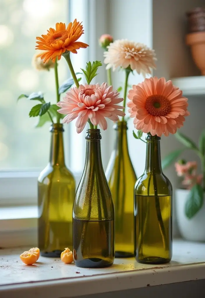 30 Dorm Living Room Decor Ideas on a Budget - 20. Upcycled Wine Bottle Vases 1