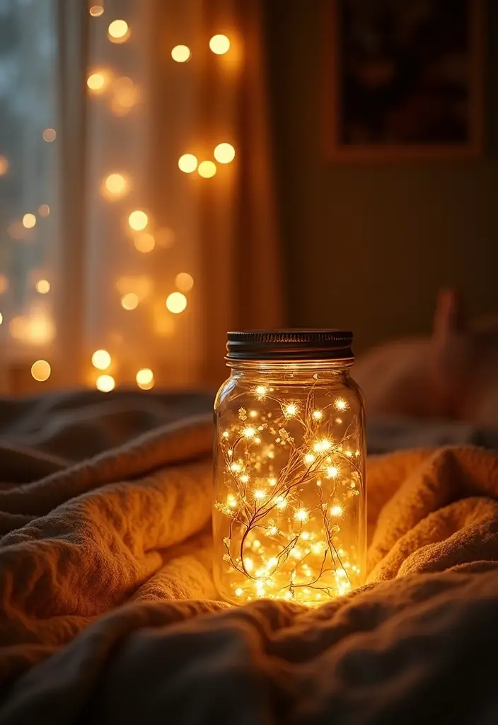 30 Dorm Living Room Decor Ideas on a Budget - 22. Decorative Fairy Lights Jars 1
