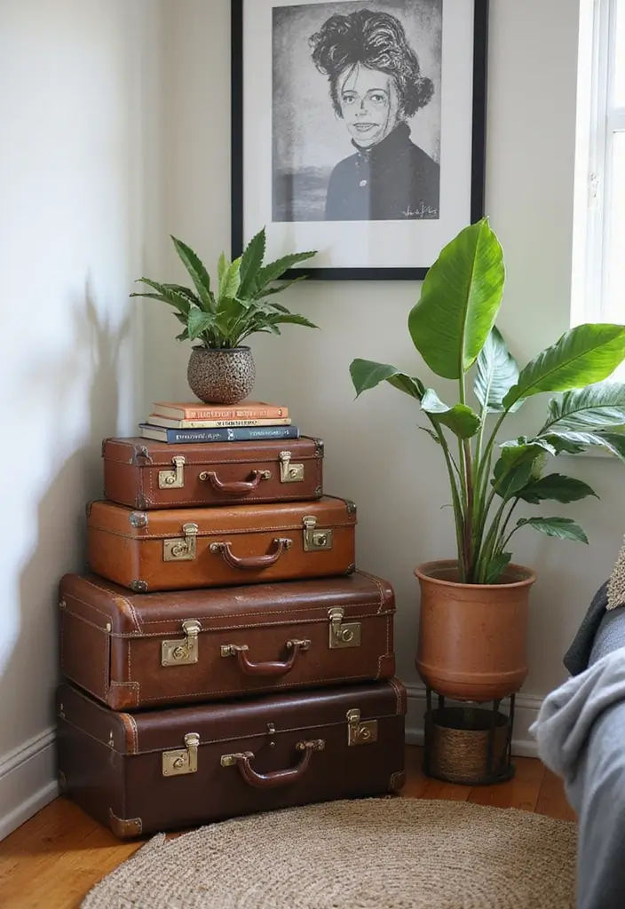 30 Dorm Living Room Decor Ideas on a Budget - 24. Repurposed Suitcases 1