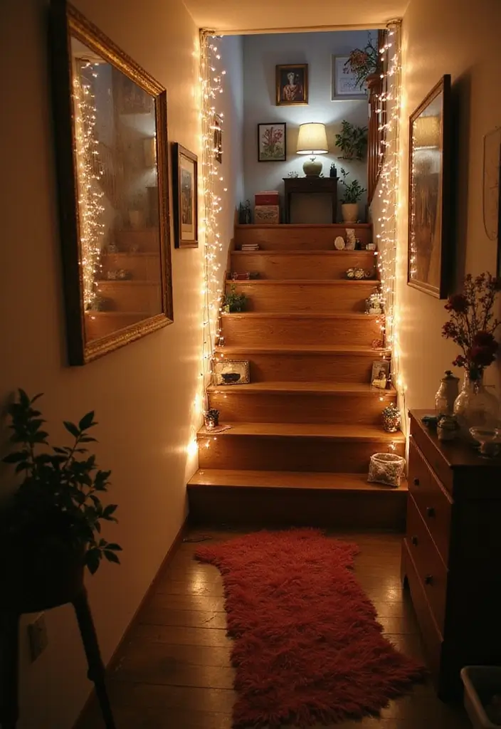 30 Dorm Living Room Decor Ideas on a Budget - 26. Artistic Staircase Decor 1