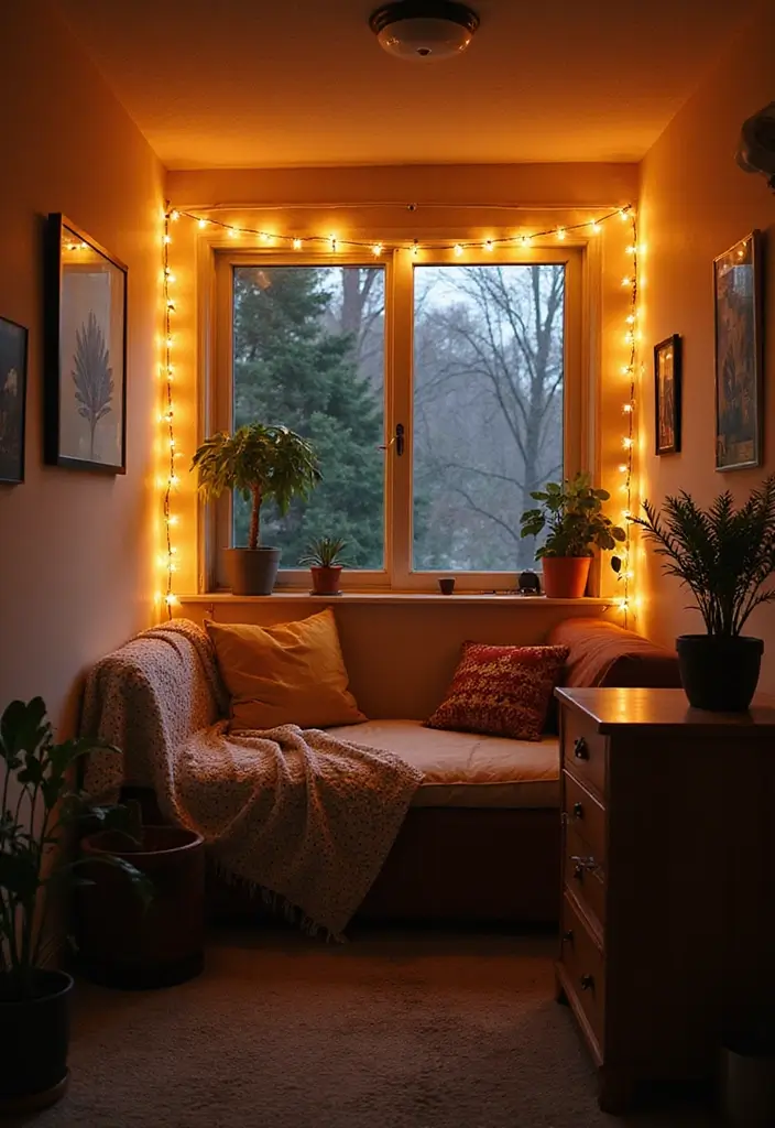 30 Dorm Living Room Decor Ideas on a Budget - 3. String Lights Magic 1