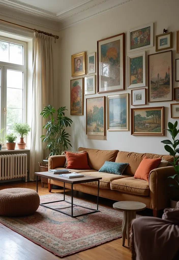 30 Eclectic Living Room Decor Ideas for Bold Spaces - 26. Personal Art Display 1