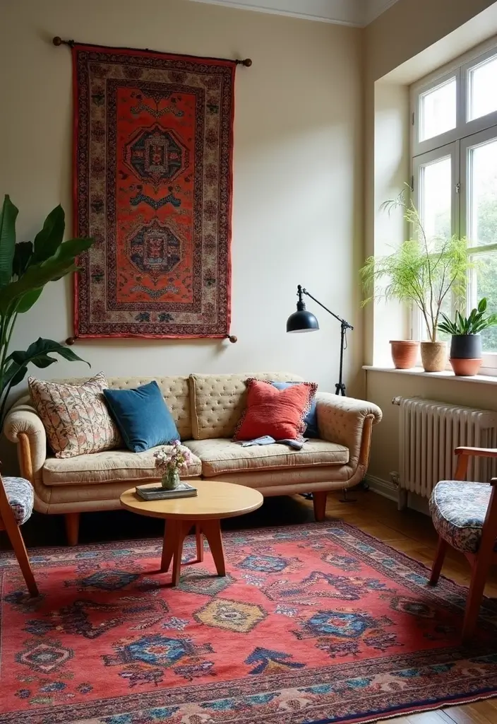 30 Eclectic Living Room Decor Ideas for Bold Spaces - 27. Cultural Rugs 1