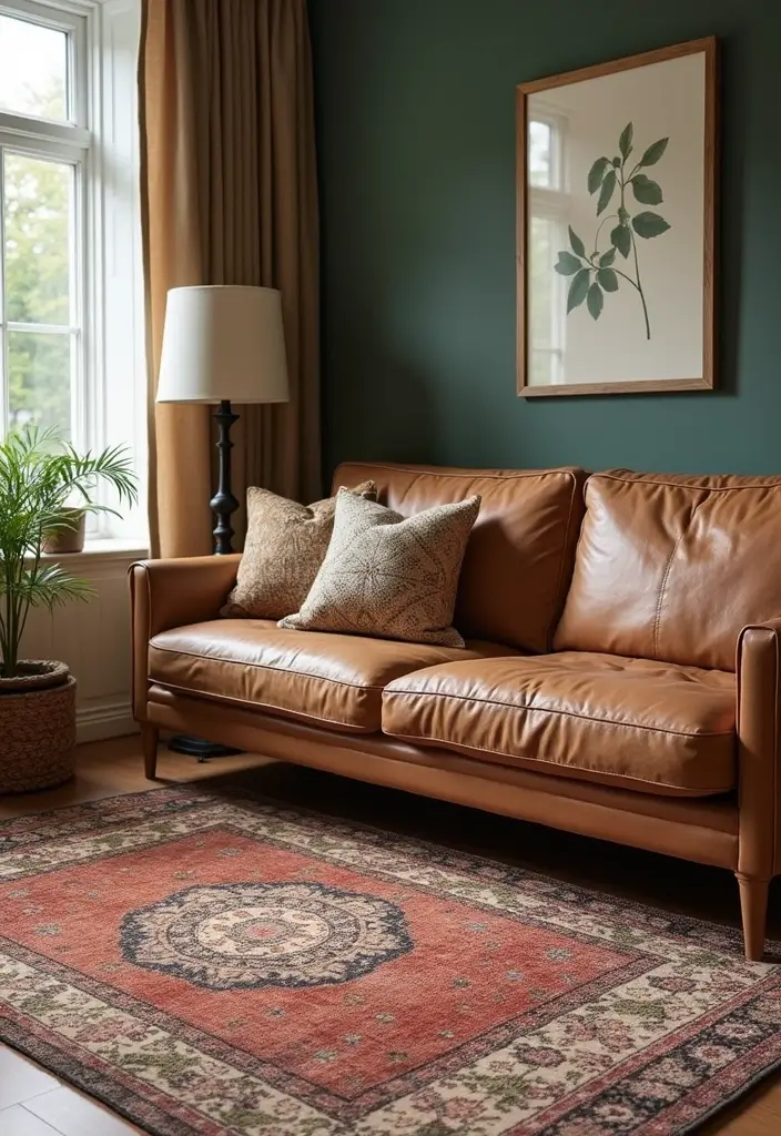 30 Eco-Friendly Leather Couch Living Room Decor Ideas - 11. Layered Rugs for Comfort 1