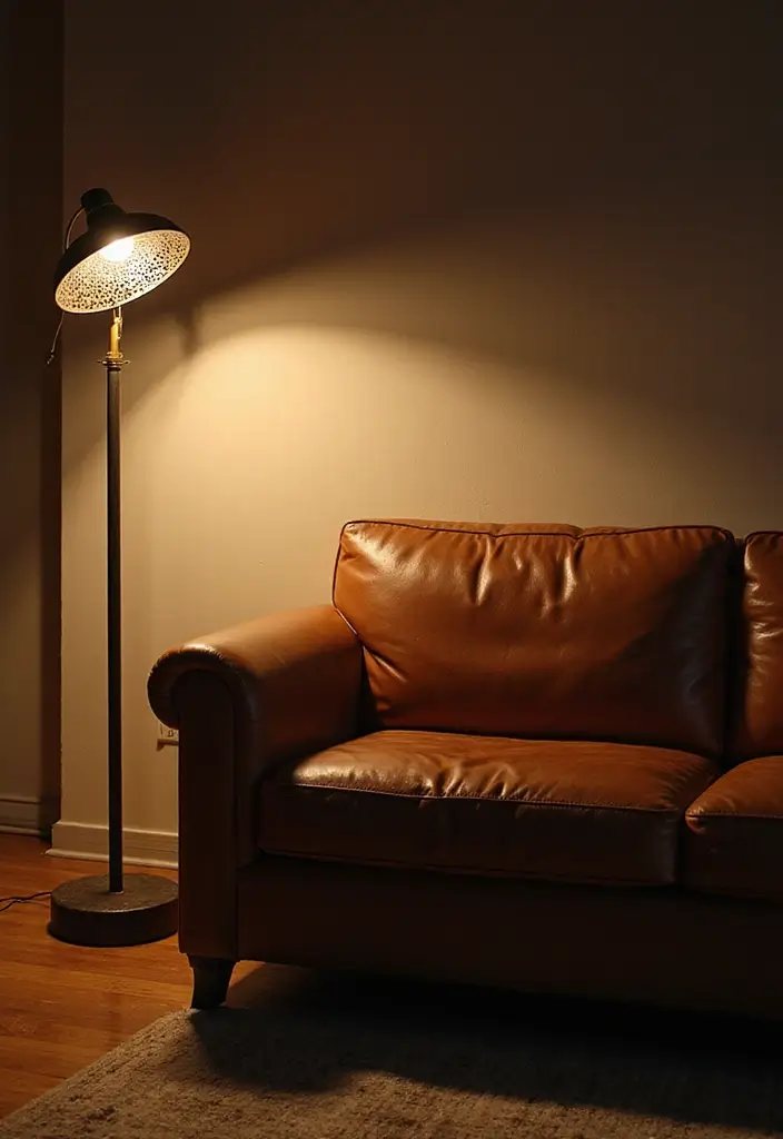 30 Eco-Friendly Leather Couch Living Room Decor Ideas - 13. Artistic Floor Lamps 1