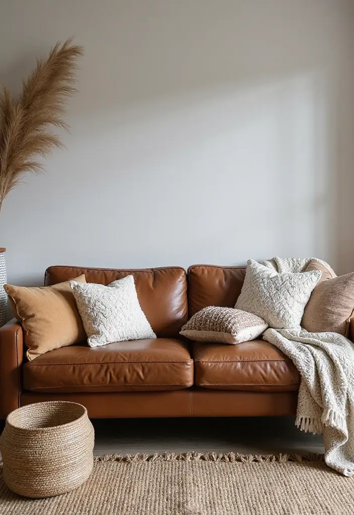 30 Eco-Friendly Leather Couch Living Room Decor Ideas - 2. Layering Textures for Depth 1