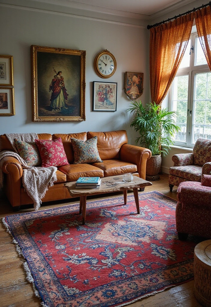 30 Eco-Friendly Leather Couch Living Room Decor Ideas - 24. Eclectic Mix of Patterns 1