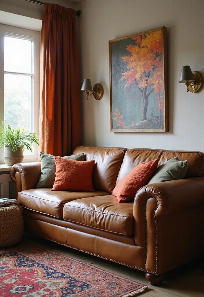 30 Eco-Friendly Leather Couch Living Room Decor Ideas - 26. Seasonal Decor Changes 1