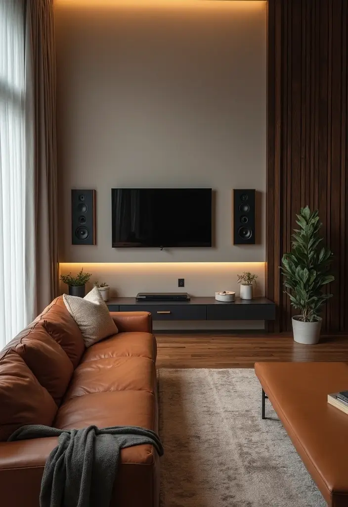 30 Eco-Friendly Leather Couch Living Room Decor Ideas - 27. Smart Technology Integration 1