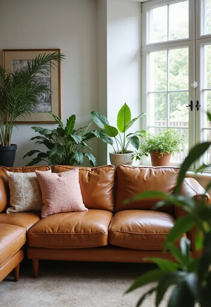 30 Eco-Friendly Leather Couch Living Room Decor Ideas - 3. Greenery for Fresh Vibes 1