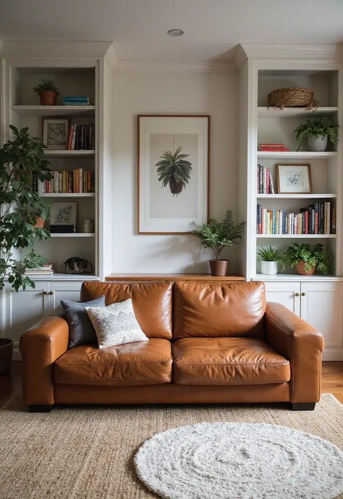 30 Eco-Friendly Leather Couch Living Room Decor Ideas - 30. Utilize Built-In Shelving 1