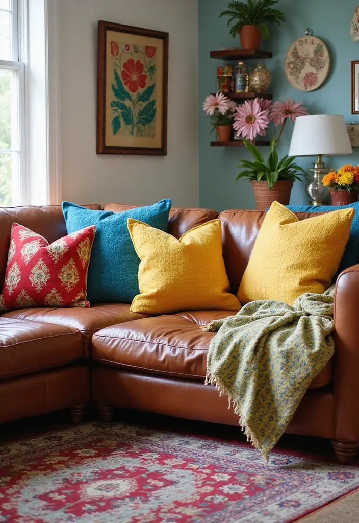 30 Eco-Friendly Leather Couch Living Room Decor Ideas - 6. Brighten Up with Bold Accessories 1
