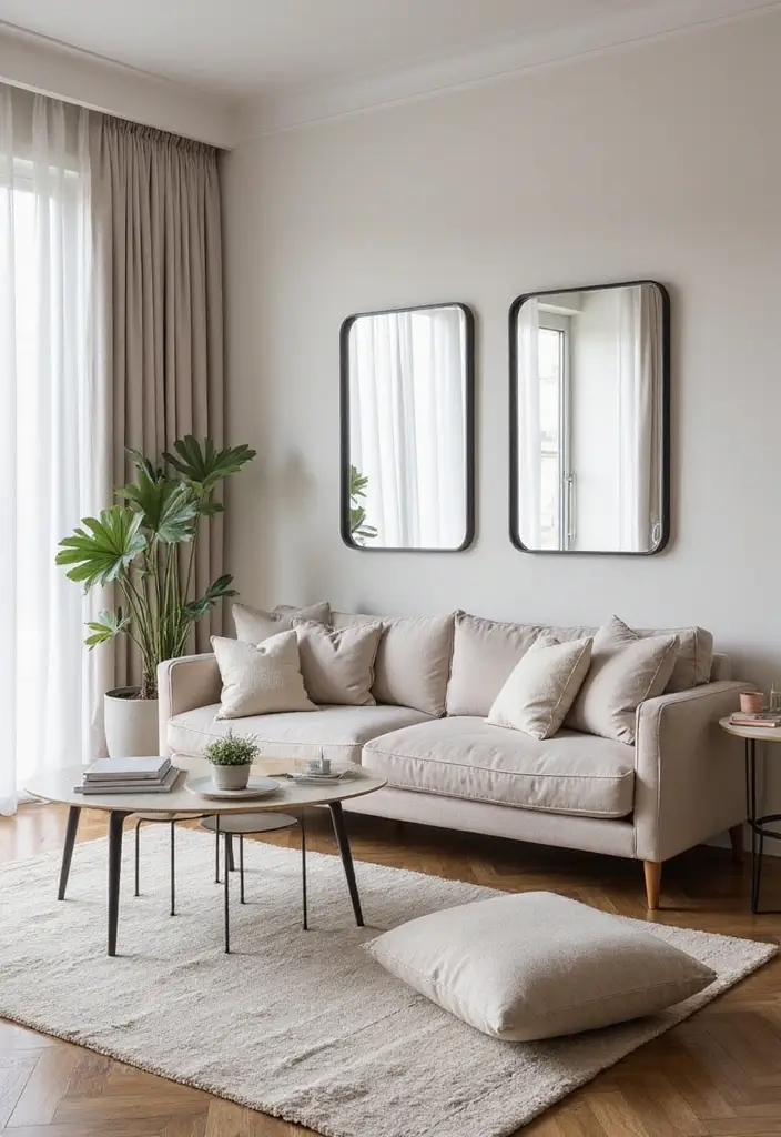 30 Elegant Living Room Decor Ideas for Classy Homes - 12. Mirrors for Illusion 1