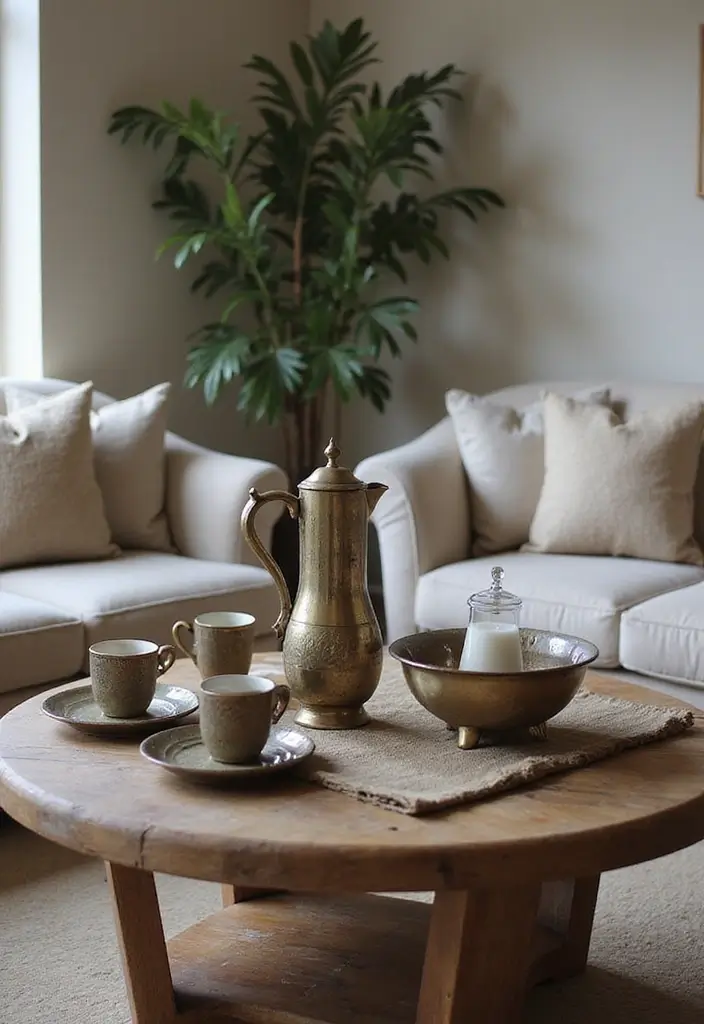 30 Elegant Living Room Decor Ideas for Classy Homes - 24. Vintage or Artisan Coffee Sets 1