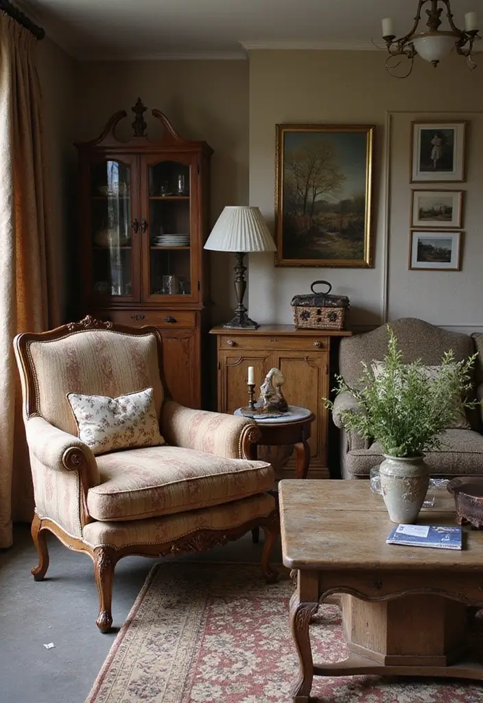30 English Country Living Room Decor Ideas - 1. Vintage Furniture Finds 1
