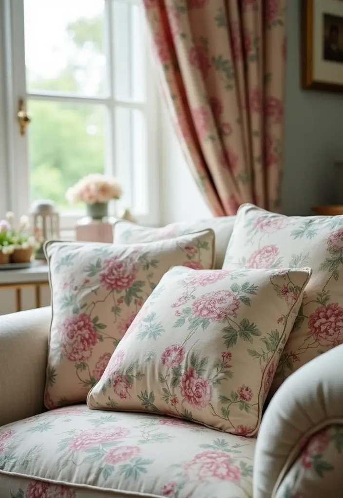 30 English Country Living Room Decor Ideas - 2. Soft Floral Patterns 1