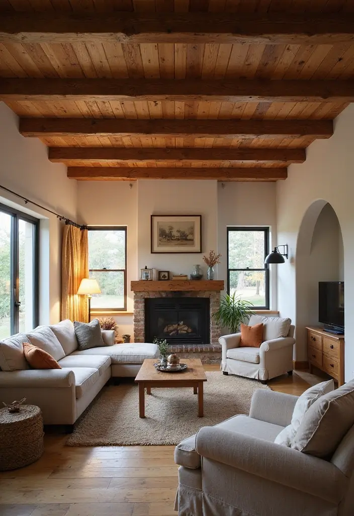 30 English Country Living Room Decor Ideas - 3. Exposed Beams 1