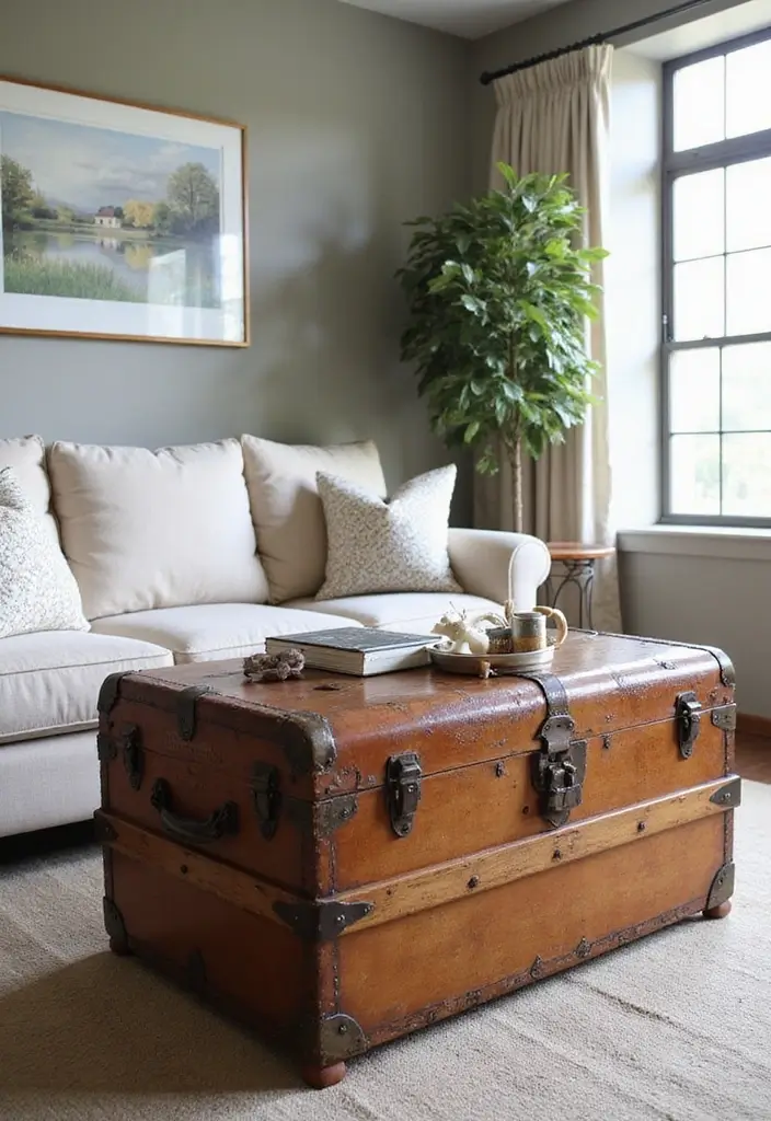 30 French Living Room Decor Ideas for Chic Style - 11. Vintage Trunks as Storage 1
