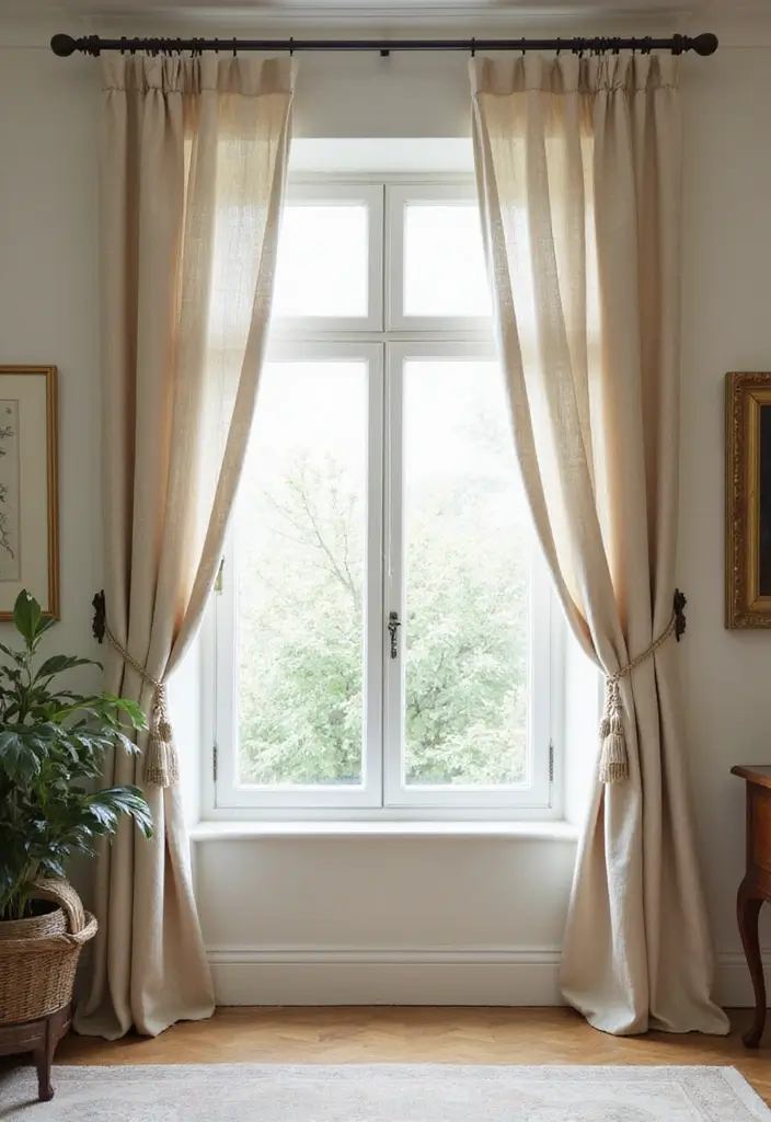 30 French Living Room Decor Ideas for Chic Style - 12. Elegant Drapery 1