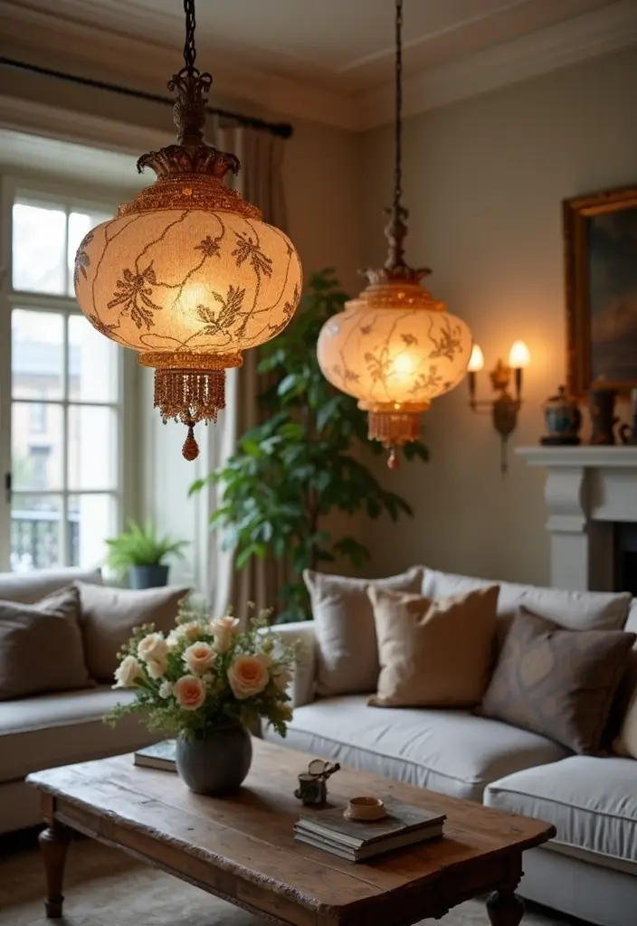 30 French Living Room Decor Ideas for Chic Style - 16. Artistic Lighting Fixtures 1