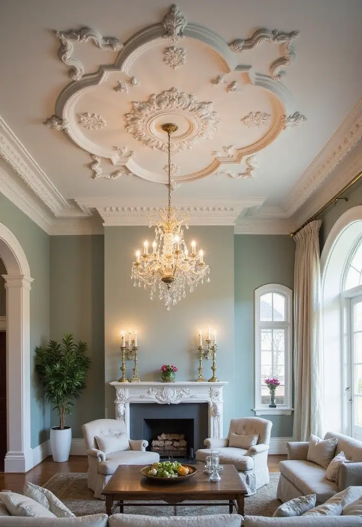 30 French Living Room Decor Ideas for Chic Style - 19. Decorative Ceiling Medallions 1