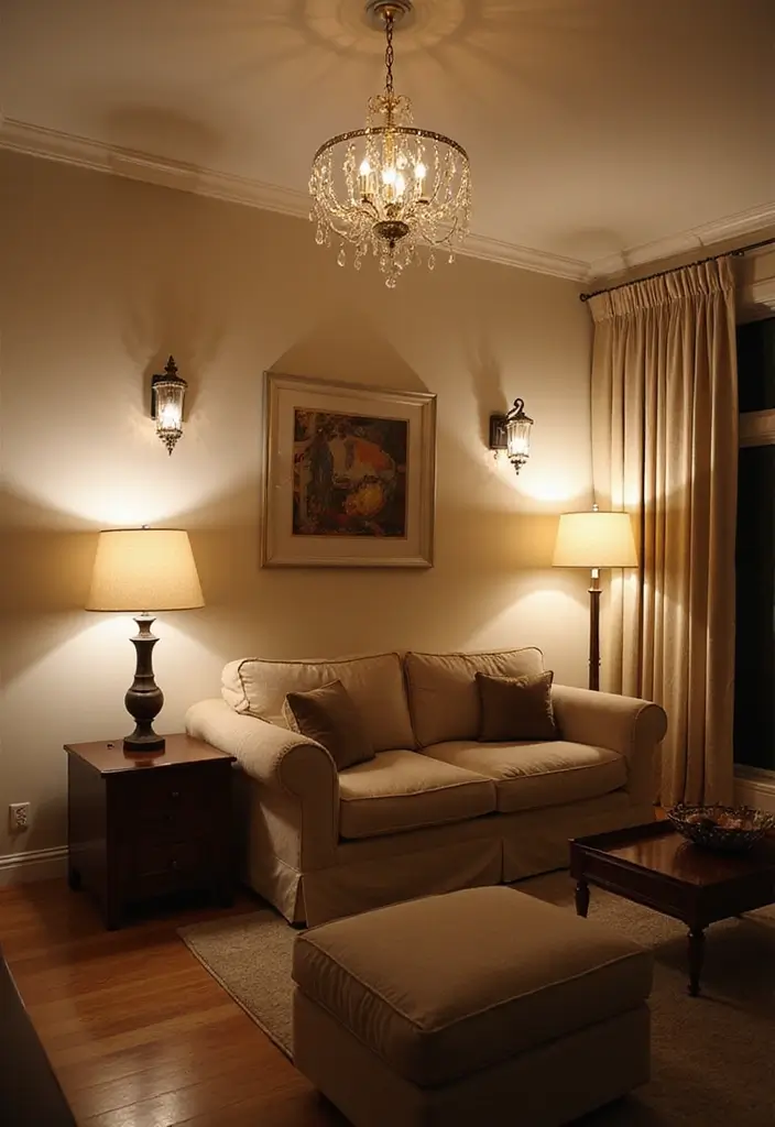30 French Living Room Decor Ideas for Chic Style - 20. Layered Lighting 1