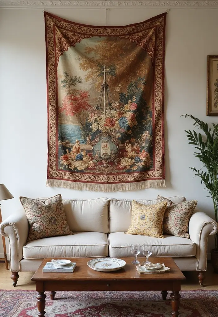 30 French Living Room Decor Ideas for Chic Style - 25. Vintage Wall Tapestries 1
