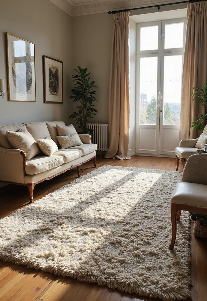 30 French Living Room Decor Ideas for Chic Style - 8. Cozy Textured Rugs 1