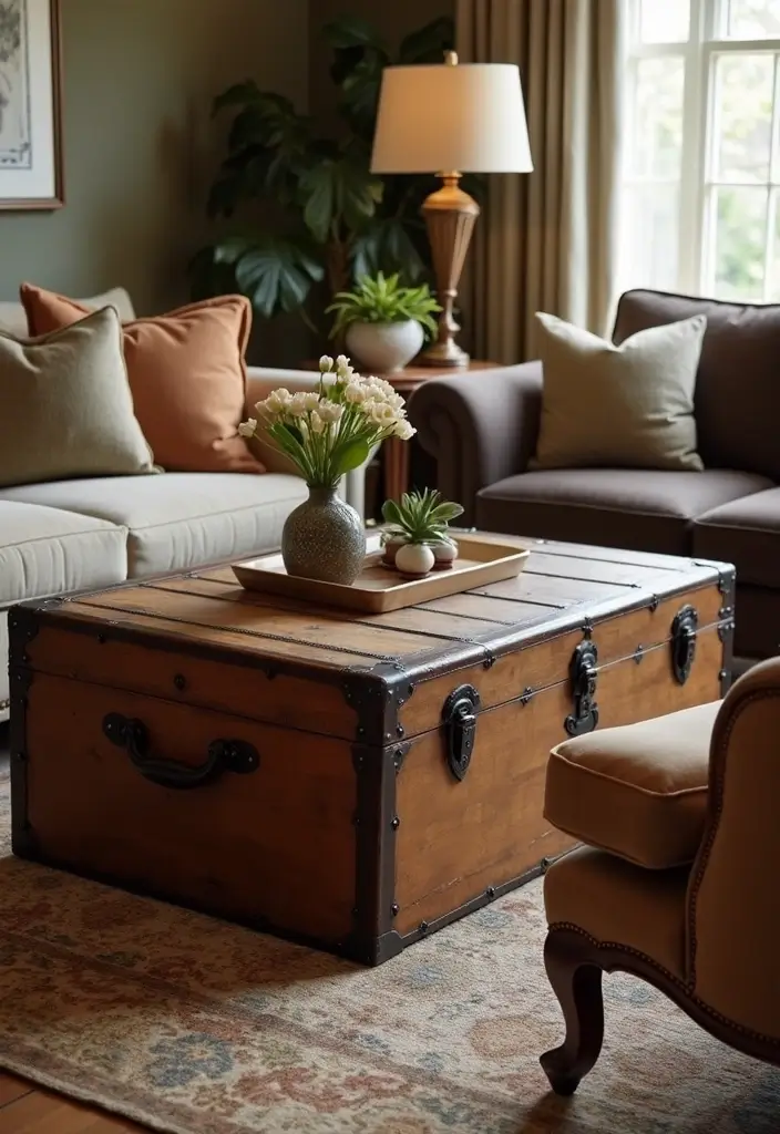 30 Glam Living Room Decor Ideas for Sparkle - 11. Vintage Trunks as Coffee Tables 1