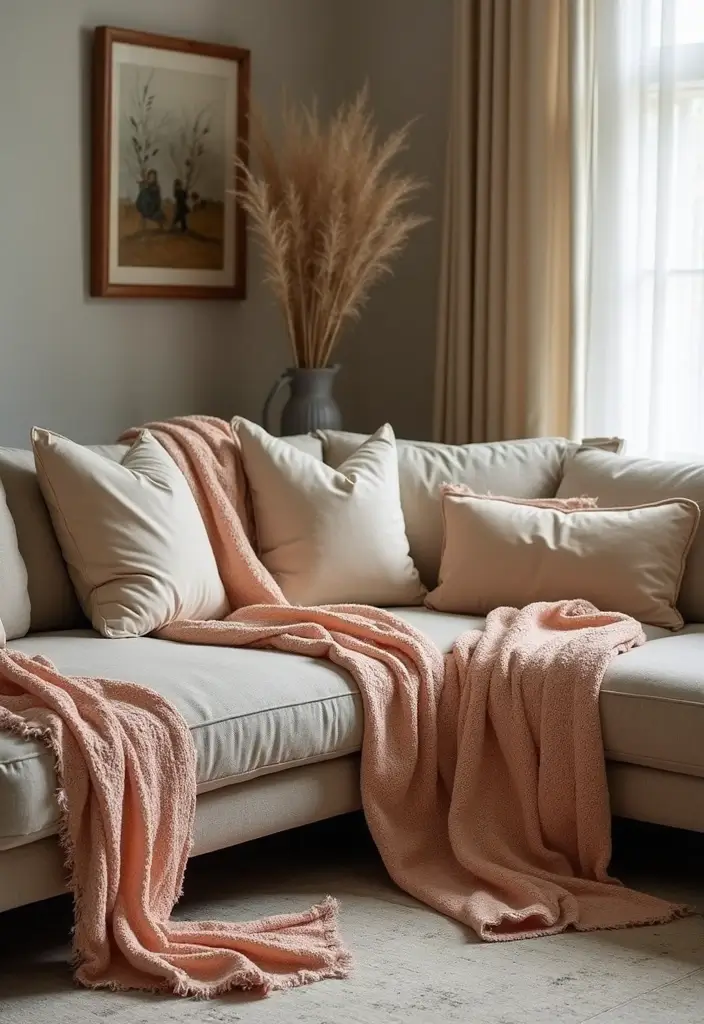 30 Glam Living Room Decor Ideas for Sparkle - 14. Decorative Throw Blankets 1