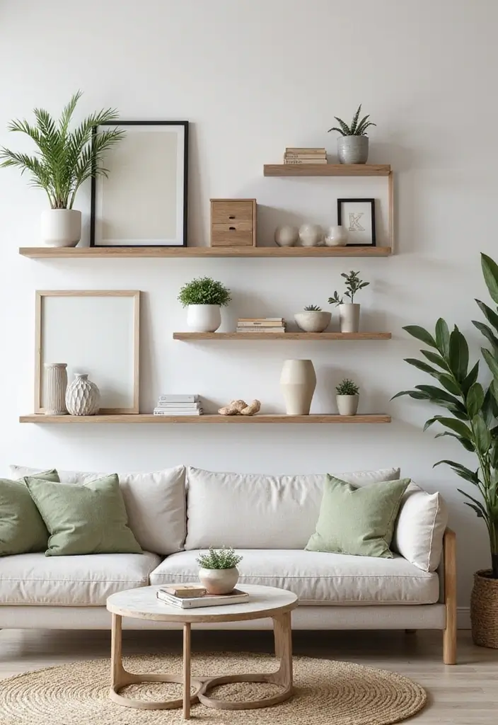 30 Glam Living Room Decor Ideas for Sparkle - 15. Chic Floating Shelves 1