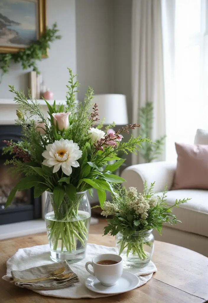 30 Glam Living Room Decor Ideas for Sparkle - 19. Greenery and Fresh Flowers 1