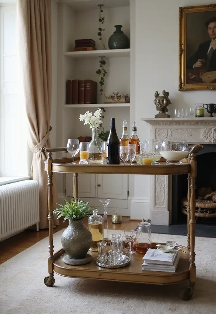 30 Glam Living Room Decor Ideas for Sparkle - 24. Elegant Bar Carts 1