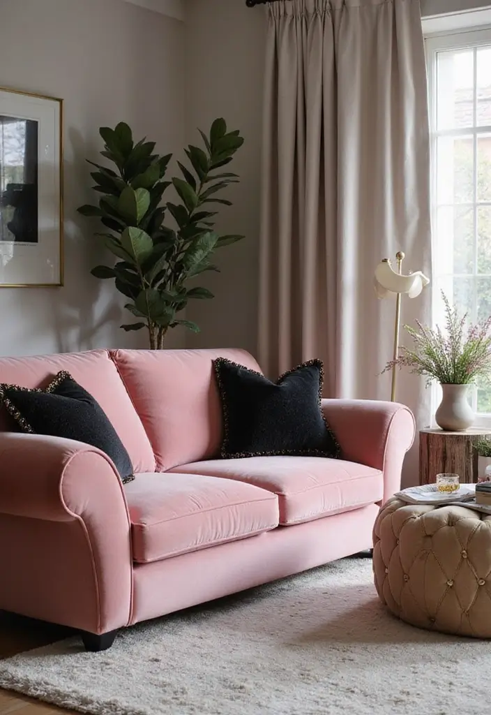 30 Glamorous Black and Pink Living Room Decor Ideas - 1. Luxe Velvet Sofa 1