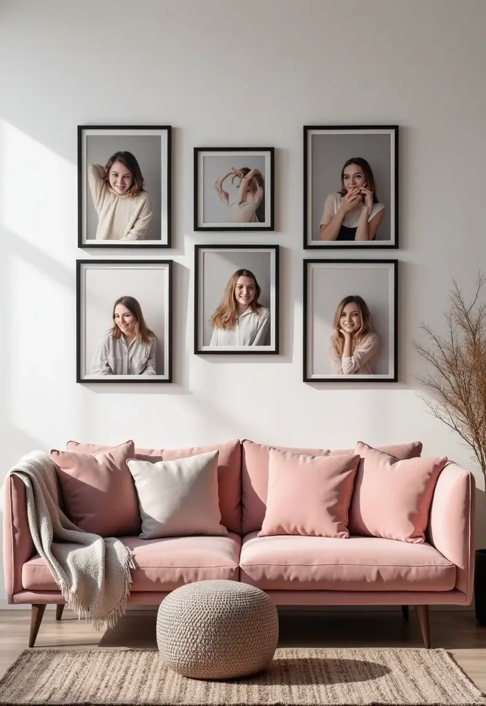 30 Glamorous Black and Pink Living Room Decor Ideas - 11. Personalized Photo Displays 1