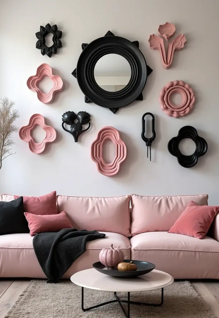 30 Glamorous Black and Pink Living Room Decor Ideas - 13. Unique Wall Decor 1